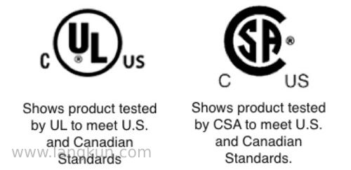 两个黑白认证组织标志:UL(左)和CSA(右)。